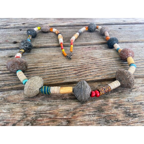 Vintage African Trade Bead Necklace HUGE Clay Beads millefiori Glass Sterling Cl - Picture 2 of 16